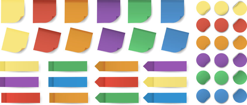 Collection of multicolored sticky notes, paper tags, and labels in square, round, and ribbon shapes. Ideal for planners, reminders and presentations