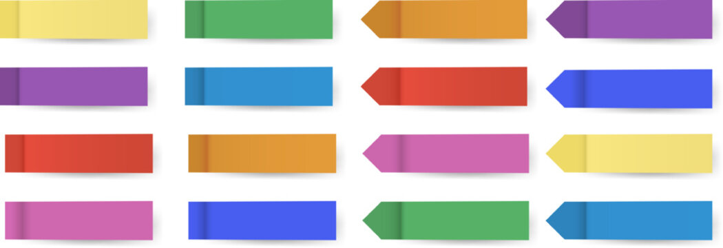 Bright sticky-style labels with flat and arrow tips in various colors. Ideal for planners, bookmarks, reminders, web design, or educational visuals