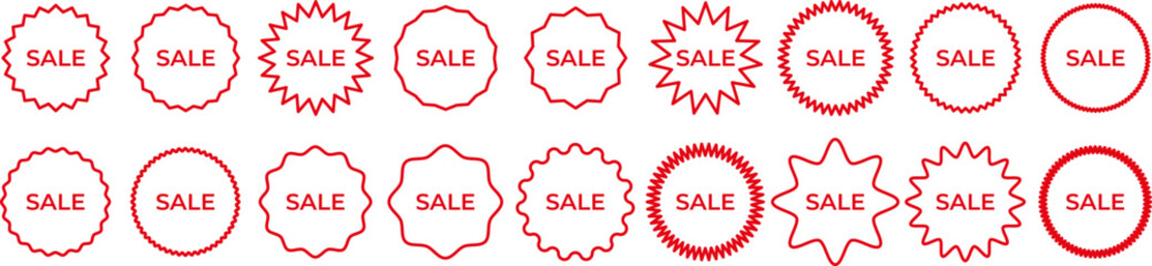 Minimal red outline badges with "SALE" text in dynamic starburst and wavy shapes. Great for UI, banners, store tags, and clean ecommerce promotion design