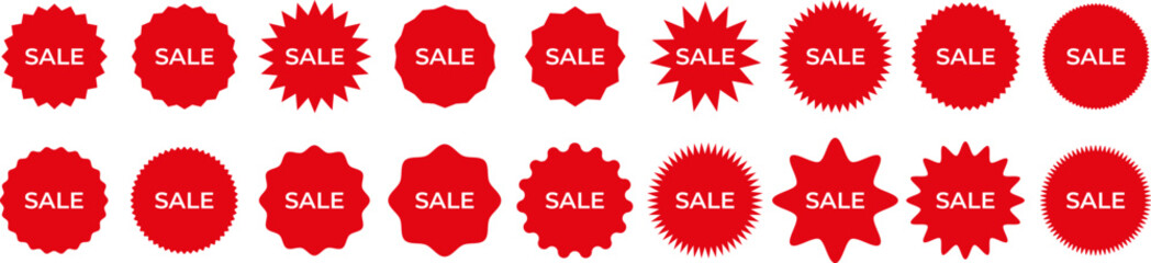 Set of bold red "SALE" badges in various starburst and rounded shapes. Perfect for discount tags, banners, ecommerce promotions, and seasonal offers