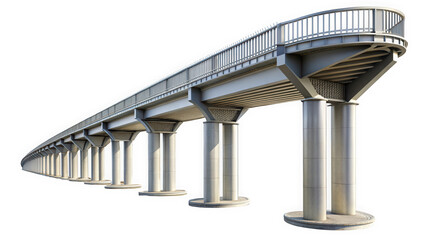 A modern, elevated pedestrian bridge stretching into the distance, supported by sturdy columns. Its sleek design and steel railings create a striking visual.