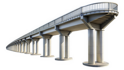 A modern, elevated pedestrian bridge stretching into the distance, supported by sturdy columns. Its sleek design and steel railings create a striking visual.