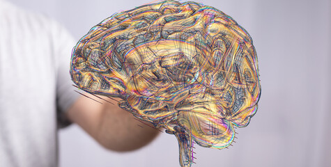 Abstract digital art depicting a human brain's complex neural network. Ideal for medical, science,...