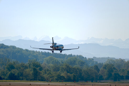 Private jet Dassault Falcon 8X registration HB-JKK landing at Swiss Airport Z&uuml;rich Kloten on a sunny spring day. Photo taken May 1st, 2025, Zurich Kloten, Switzerland.