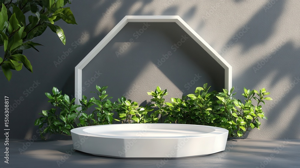 Poster white round podium with house frame and green leaves with shadow behind. use this minimal backdrop f