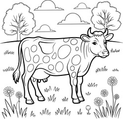 Adorable spotted cow grazing in sunny meadow