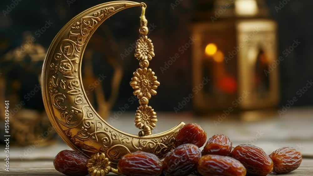 Poster a decorative golden crescent shape with dates displayed on a wooden or glass table