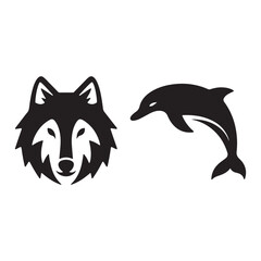 wolf head icon and dolphin icon vector silhouette 