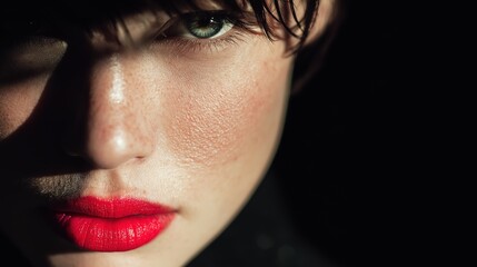 A model with bright pink lips, half-shadowed face, exuding elegance and mystery in dramatic lighting.