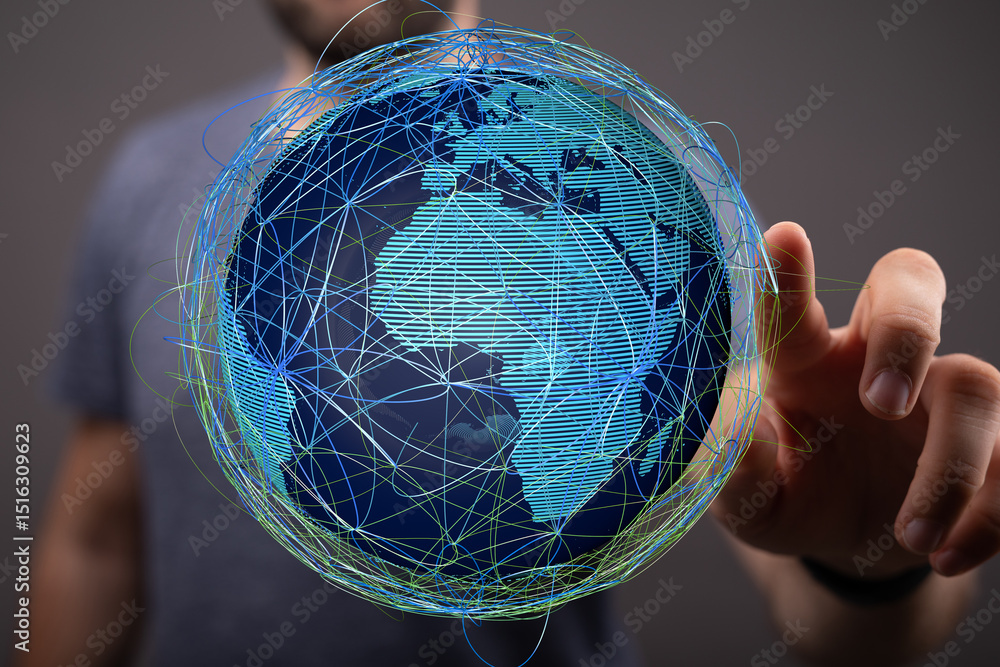 Fototapete hand interacting with a digital globe, representing global connectivity and networking.