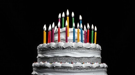 Two-tiered birthday cake with lit candles against black background