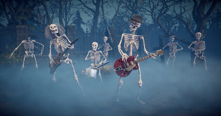 Halloween party: eerie music group playing rock in frightening gothic graveyard. Amusing skeletons dancing, playing guitars and drums.