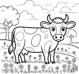 Adorable cow in a flowery meadow coloring page