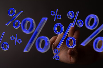 3D render of a hand interacting with blue percentage symbols. Perfect for finance, sales, or...