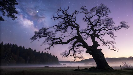 Silhouetted Oak Under Celestial Canopy: A majestic, ancient oak tree stands silhouetted against a breathtaking dusk sky filled with stars.