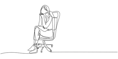 woman sitting on chair, One continuous single drawing line art flat doodle girl woman sitting in chair legs on pouf, rest, daytime sleep, comfort. Isolated image hand draw contour on a white.