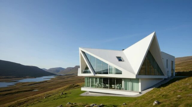 Modern white house with mountain lake views