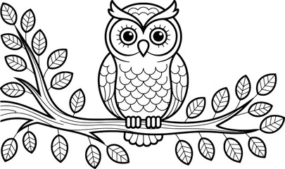 Cute cartoon owl perched on branch coloring page