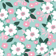 Seamless colorful floral pattern with white and pink blossoms. Ideal for spring-themed designs, fabrics, and wallpaper.