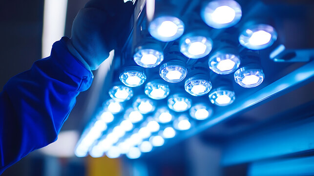 Hand Adjusting Bright LED Lights in a Laboratory Setting
