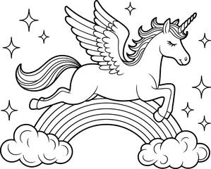 Magical unicorn soaring over rainbow clouds