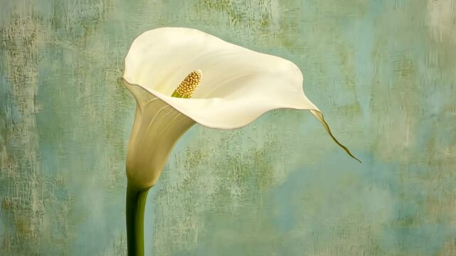 Creamy white Calla Lily against textured sage green backdrop