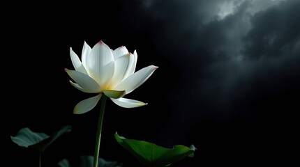 White lotus flower blooming against dark cloudy sky