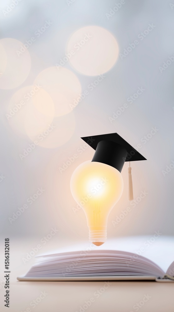 Poster light bulb wearing graduation cap hovering above an open book with soft bokeh background representin