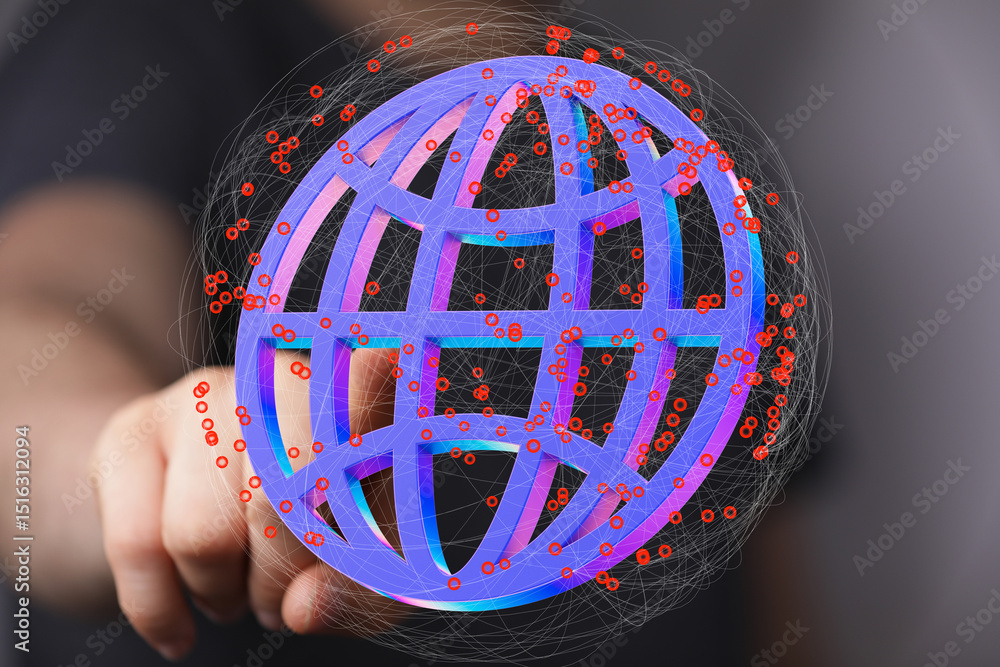 Poster 3D rendering of a global network, illustrating data transfer and connectivity across the world.