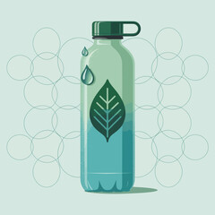 Eco-friendly reusable water bottle depicting sustainable living and environmental consciousness with leaf and water drop illustrations.