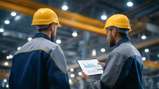 A team reviewing production stats in a manufacturing plant