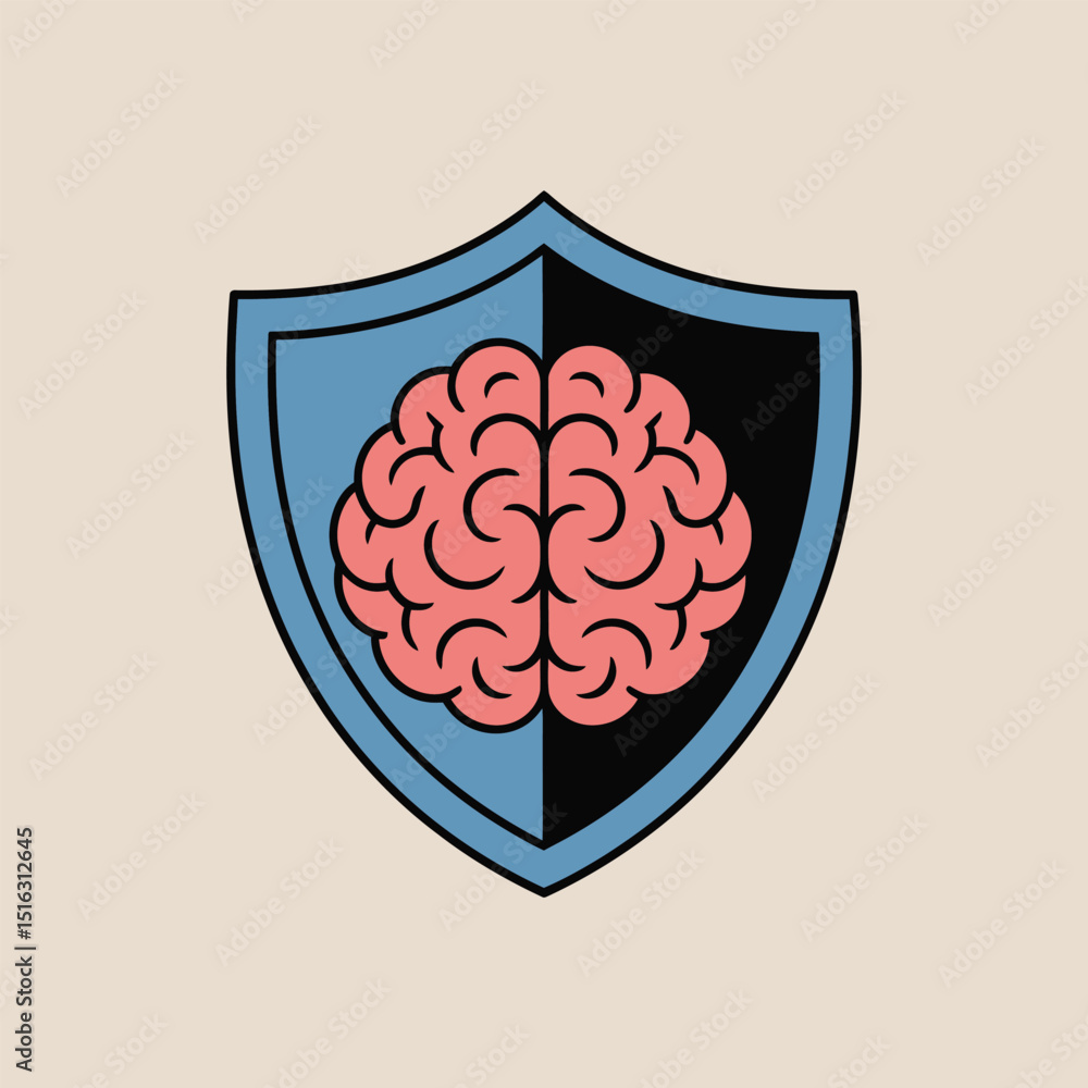 Poster brain symbol within a shield illustrating intelligence cognitive functioning and mental protection i