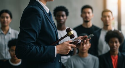 Lawyer Addressing Diverse Group of People with Gavel and Smartphone, Legal Proceedings, Modern Justice System, Multicultural Community,  Public Hearing,  Civil Rights,  Legal Representation