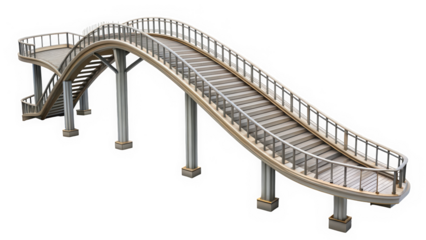 A modern, curved wooden bridge featuring sleek railings and sturdy supports, designed for both aesthetics and functionality in an outdoor setting.