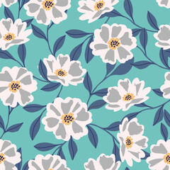 Seamless floral pattern featuring white wildflowers with dark leaves on a soft pink and teal blue background. Elegant and delicate botanical design perfect for textiles, wallpapers, greeting card