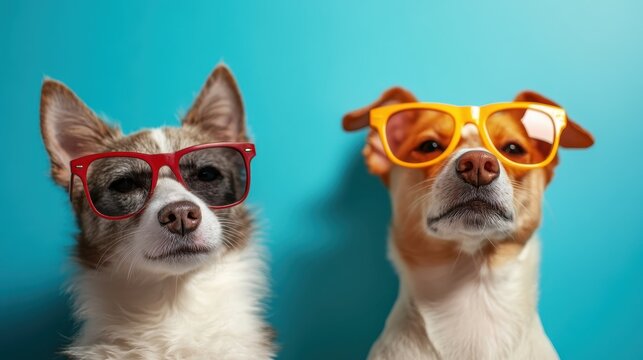 Two adorable dogs sporting vibrant sunglasses pose confidently against a bright backdrop, capturing a fun and playful moment in a stylish way.