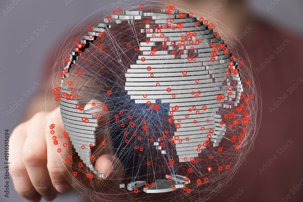 Poster interactive globe visualization of worldwide network connections and data flow.