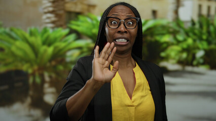 Woman expressing surprise on urban street with greenery visible, wearing glasses and vibrant yellow...