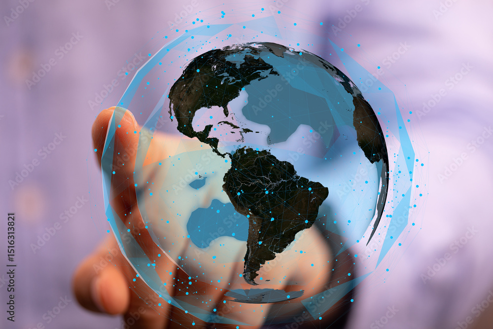 Fototapete person interacts with a digital globe, showcasing global connectivity and networking.