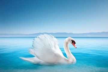 Elegant swan swimming on turquoise water