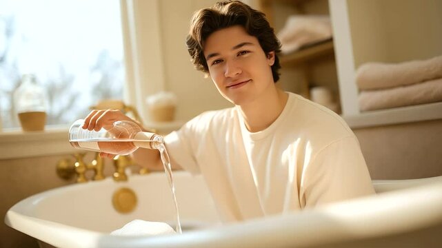 Aromatherapy Bath Preparation with Rose Oil and Clawfoot Tub