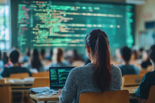 Young software engineer concentrating on lines of colorful code displayed on her monitor, portraying dedication, innovation, and modern digital careers.
