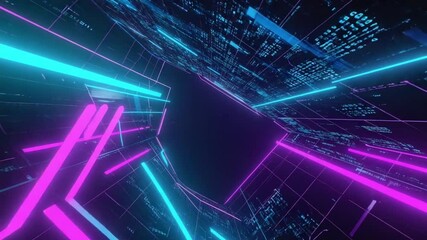 A dark, infinite digital grid vertical neon lines magenta, cyan, electric blue, abstract data tunnels. Lines distort heartbeat binary particles light flares Cinematic camera glides sci-fi, volumetric - Powered by Adobe