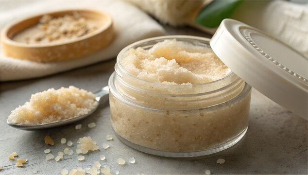body scrub in small jar. Natural exfoliating scrub in glass jar with wooden lid and spoon  