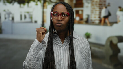 Woman showing determination on urban street strikes a powerful pose with clenched fist and serious...