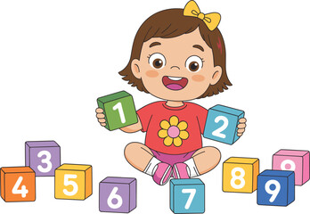 Smiling toddler playing with colorful number blocks, early learning educational toys for preschool kids, promoting math skills and creativity in playful environments