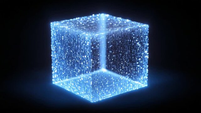 Glowing digital cube with floating particles in dark space