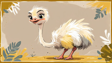 Colorful Cartoon Ostrich Animal Illustration for Kids and Decoration