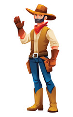 Cowboy waving with friendly smile, welcoming gesture in western attire. Vector cartoon character illustration