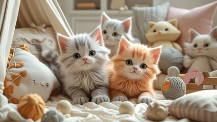 Six Striped Domestic Kittens Sitting Together on Bed at Home